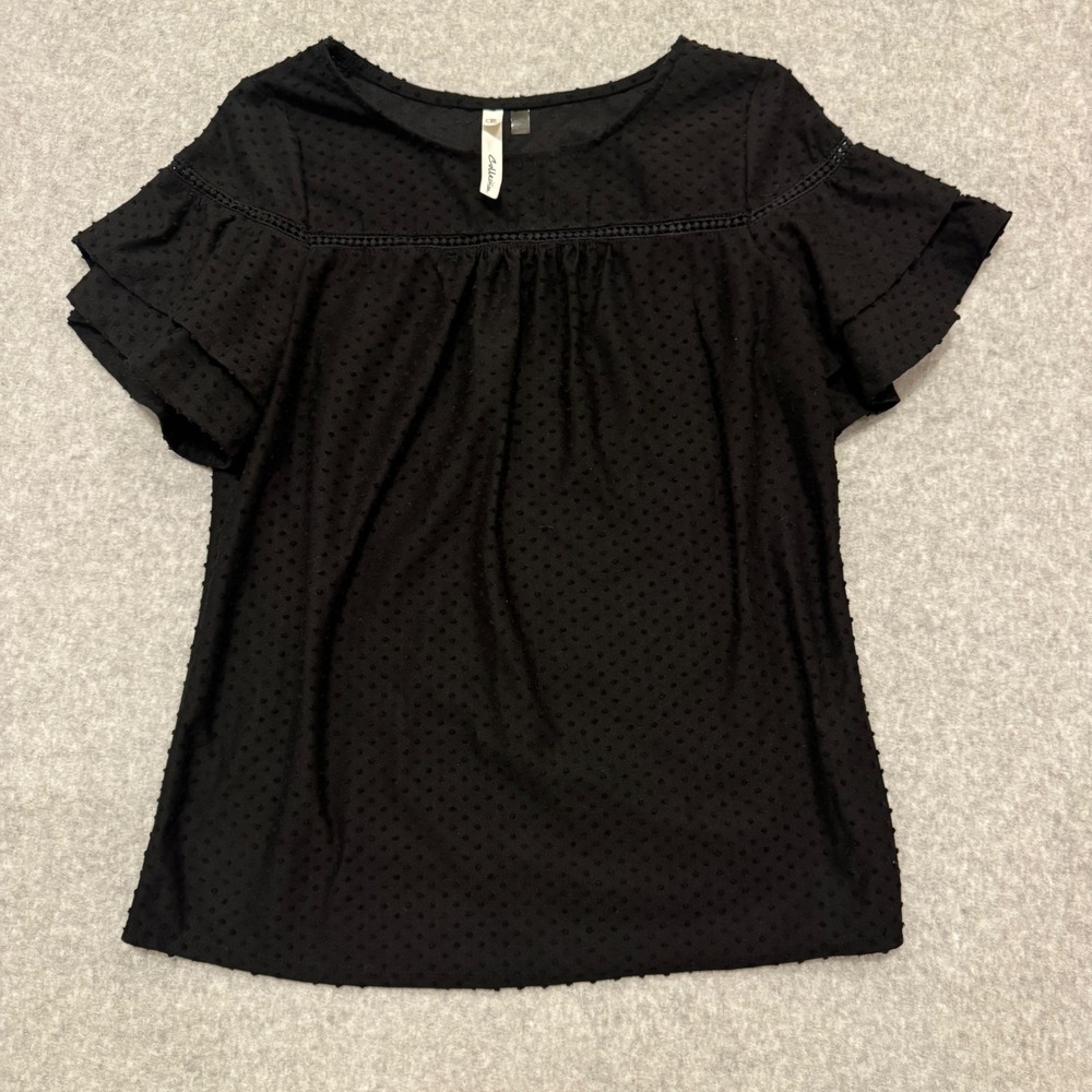 NY Collection Black Swiss Dot Ruffle Sleeve Blouse Petite Medium Y2K
